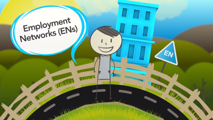 Animated still of Ben with a speech bubble that reads Employment Networks (ENs)