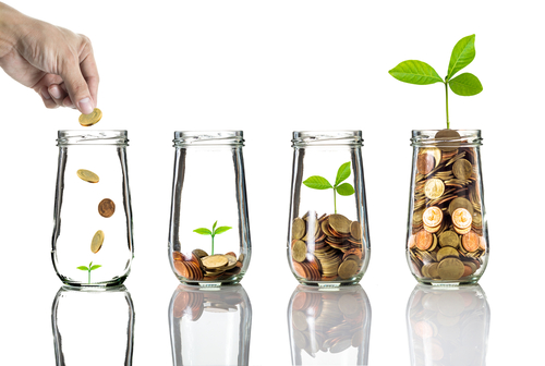 Photo of someone putting coins in a jar and a plant growing from it