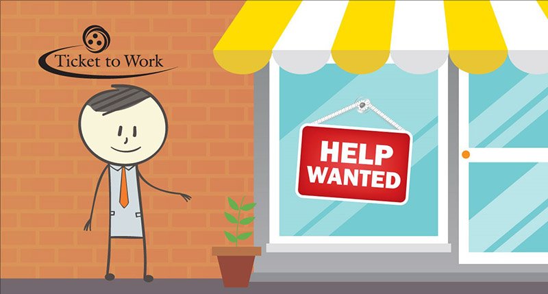 Graphic of Ben walking towards a store with a Help Wanted sign