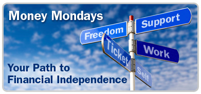 Image of street pole with different street names such as Freedom, Support, Work and more, and with "Money Mondays: Your Path to Financial Independence" written on image.