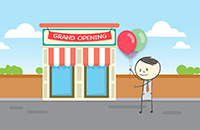 Graphic of Ben holding a balloon in front of a building with a banner reading Grand Opening