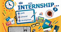 A mishmash graphic of office supplies on a desk with "skills internship" written in large font