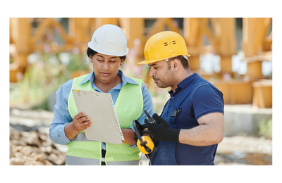 Construction workers reviewing information on a clipboard