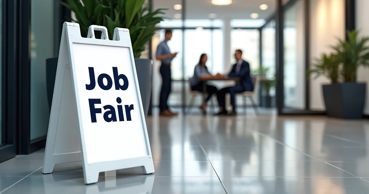 In the entryway of an office, a large floor easel sign says, "job fair". Inside the office, two people are having a meeting at a table, while another person stands nearby.