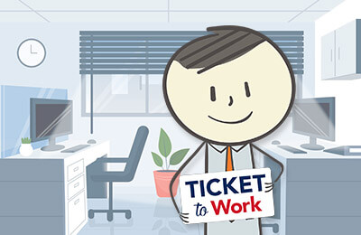 Graphic of Ben at the office holding a Ticket to Work sign