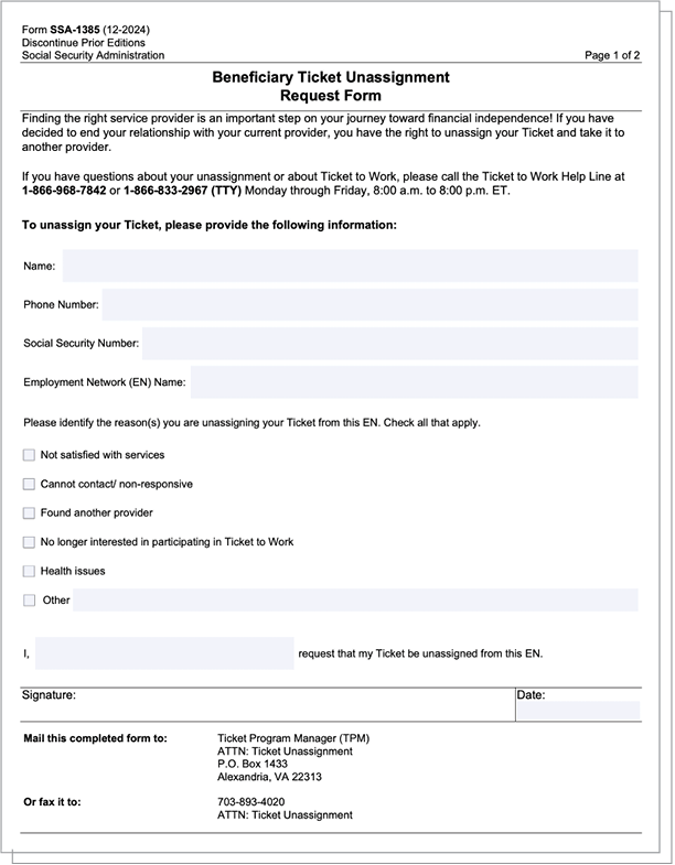 Beneficiary Ticket Unassignment request form