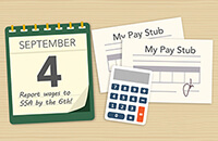 Graphic of a calculator, calendar and pay stub