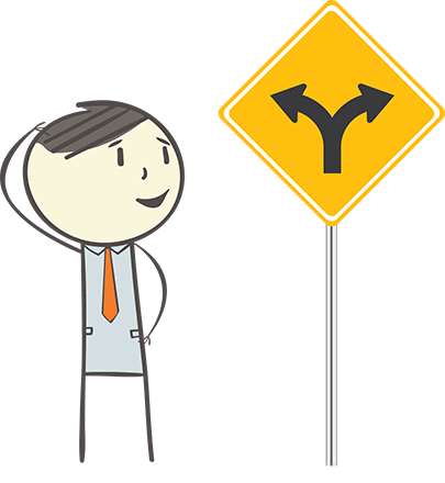 cartoon character standing by a crossroads sign?