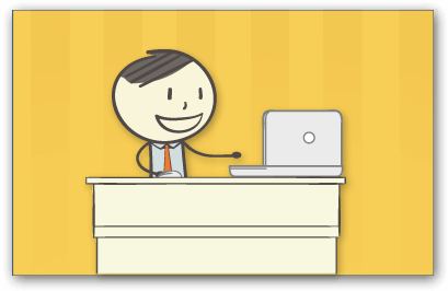 cartoon character sitting at desk