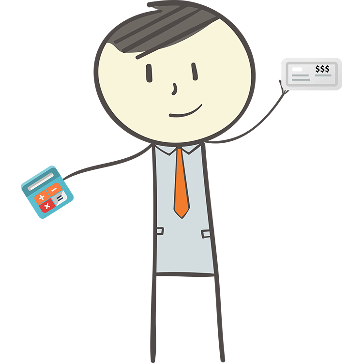 cartoon character holding a check and a calculator